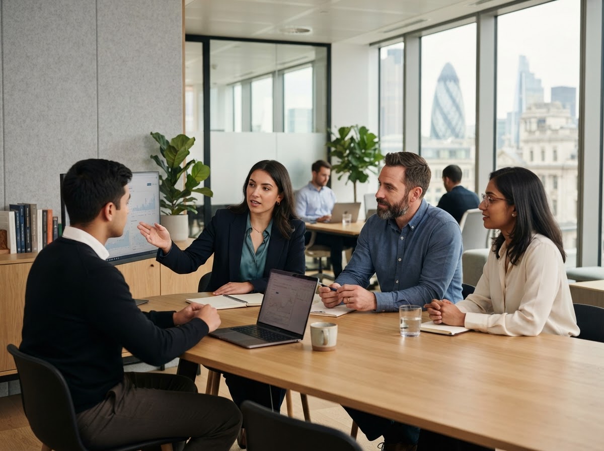 Capital Equity analyst reviewing AI-generated investment data on screen